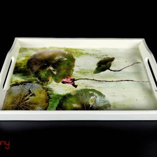 Cream rectangular lacquer tray with  hand-painted lotus 20*32cm